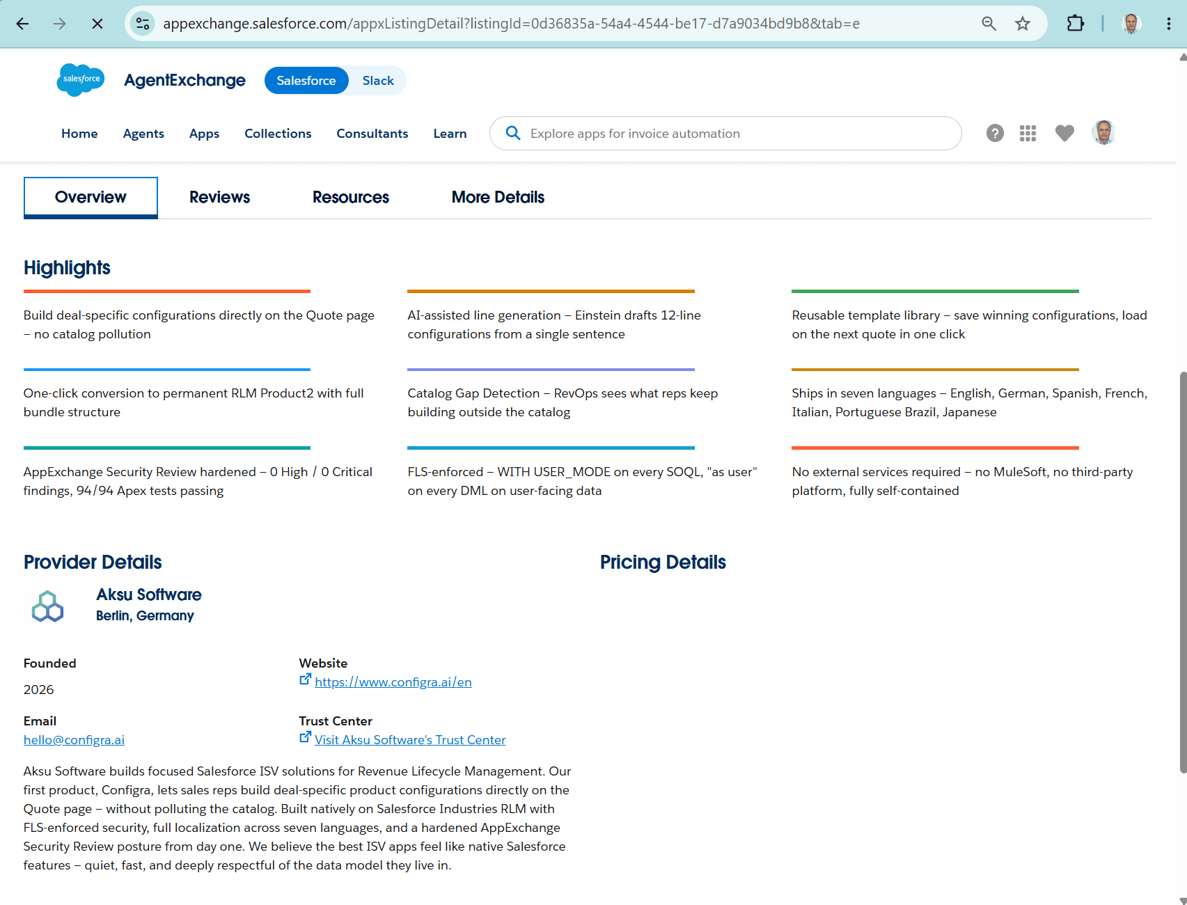 Configra AppExchange-Highlights und Anbieterdetails (Aksu Software) — noch nicht zum Security Review eingereicht, noch nicht öffentlich gelistet