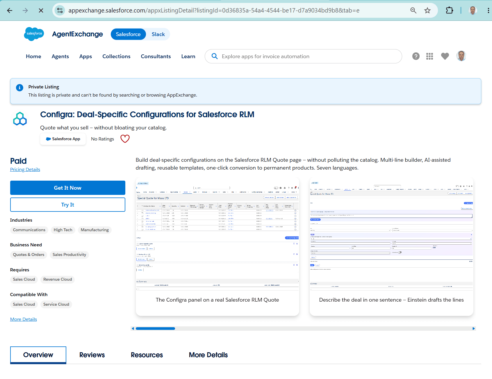 Configras AppExchange-Listungsseite wie vorbereitet — noch nicht zum Security Review eingereicht, noch nicht öffentlich gelistet