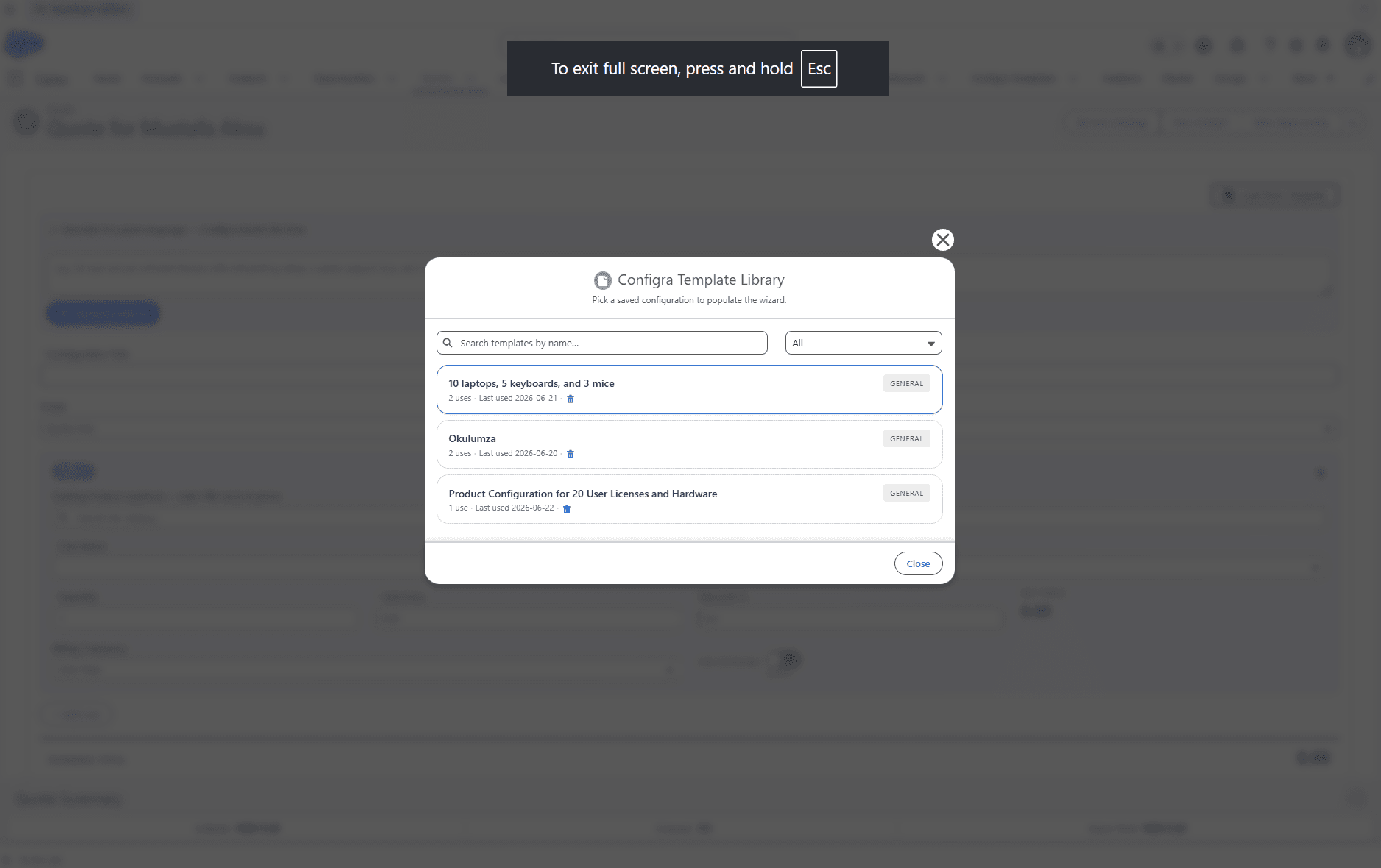 Configra-Template-Bibliothek-Modal mit einer Liste gespeicherter Vorlagen samt Kategorie, Owner und Nutzungszähler