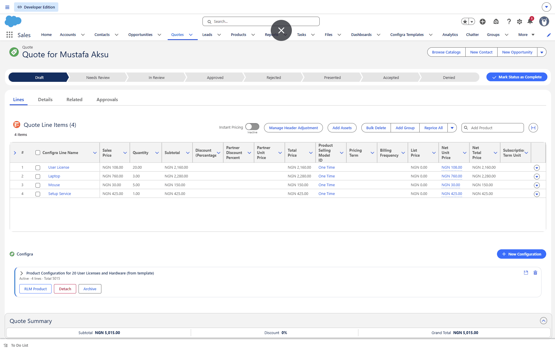 Salesforce-Quote-Seite mit einer aus einer Vorlage frisch rehydrierten Configra-Konfiguration – Zeilen sichtbar in der QLI-Liste und im Panel darunter