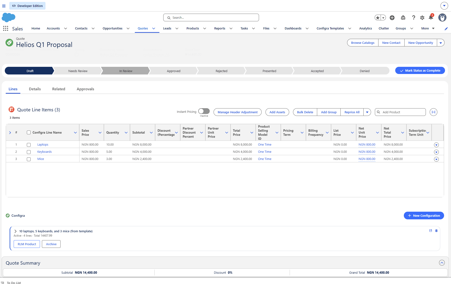 Configra Convert to RLM Product modal with product code, family, selling model dropdown, and Convert button